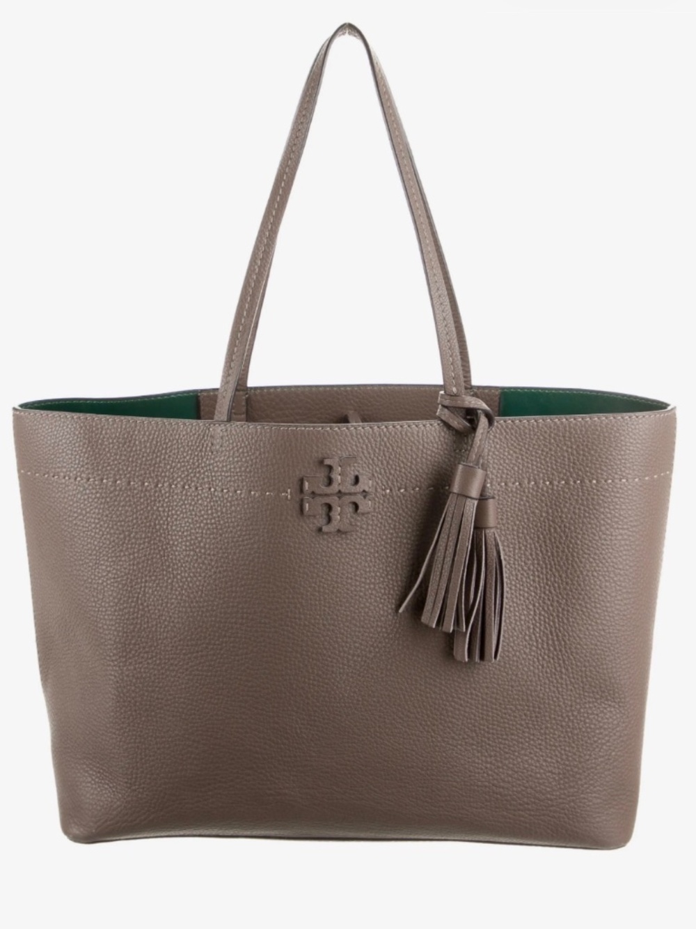 Tory Burch McGraw Tote Mushroom Taupe Leather Removable Tassel Leather Logo